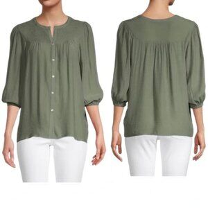 Nanette Lepore Olive Green Smocked Button Front Top